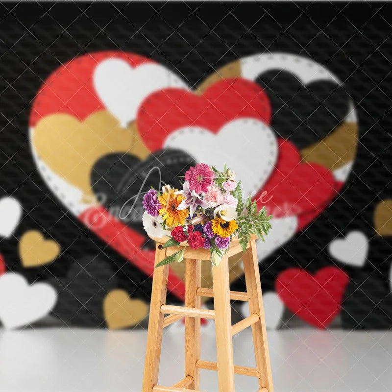 Aperturee - Aperturee Stitched Hearts Valentine Day Backdrop Red Black Gold Patchwork Love Background Abstract Art Photography Prop