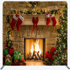 Aperturee - Aperturee Stocking Tree Brick Fireplace Christmas Backdrop