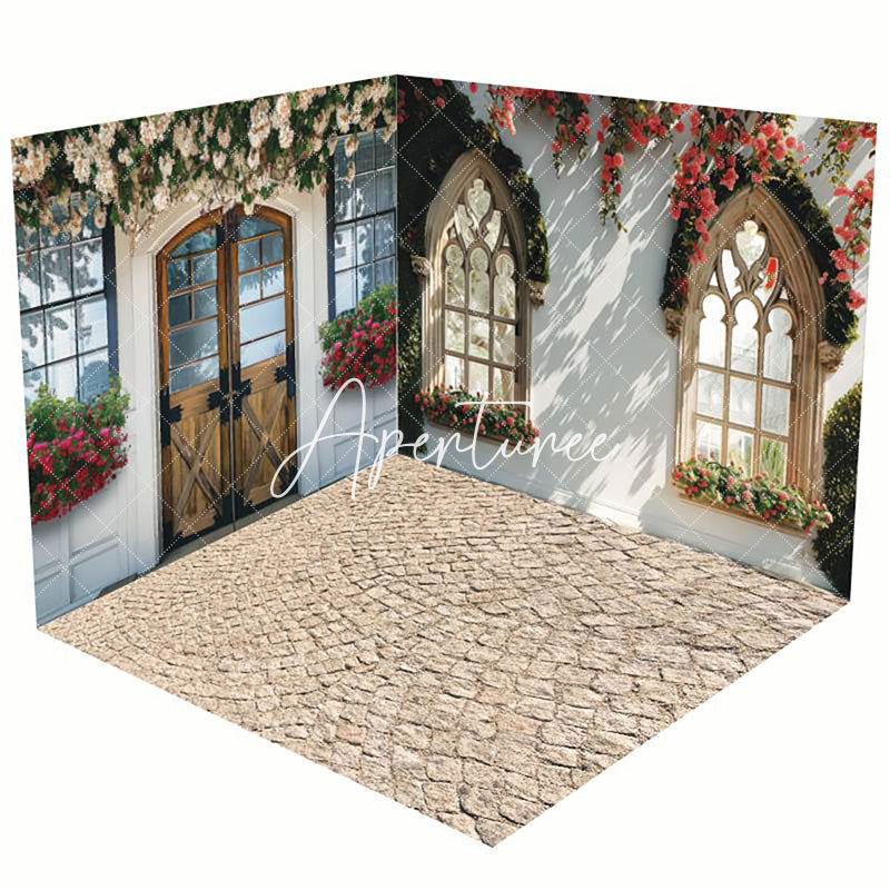 Aperturee - Aperturee Stone Floor White House Floral Room Set Backdrop