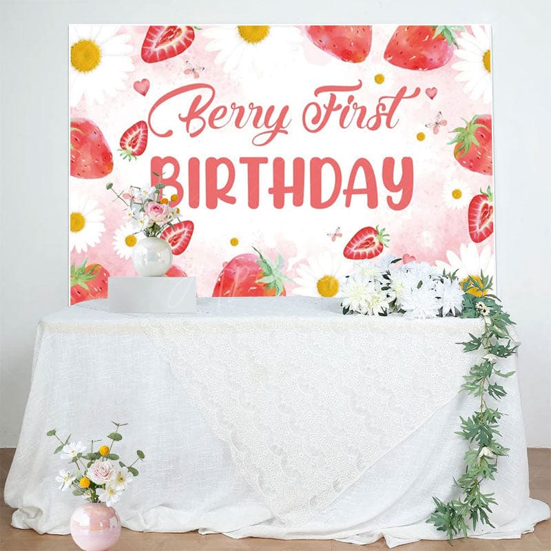 Aperturee - Aperturee Strawberry Girl First Sweet Birthday Party Backdrop