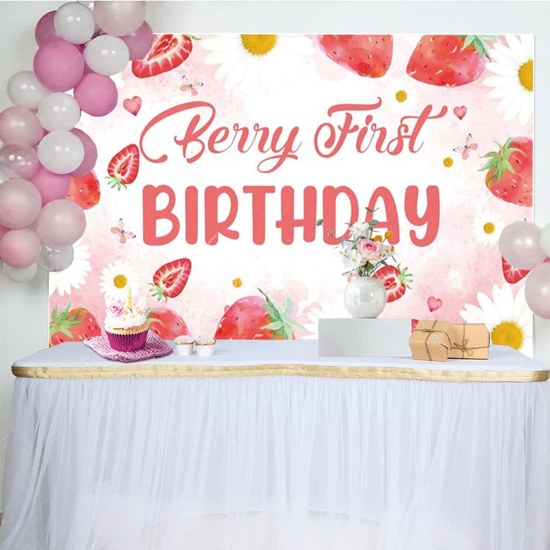 Aperturee - Aperturee Strawberry Girl First Sweet Birthday Party Backdrop