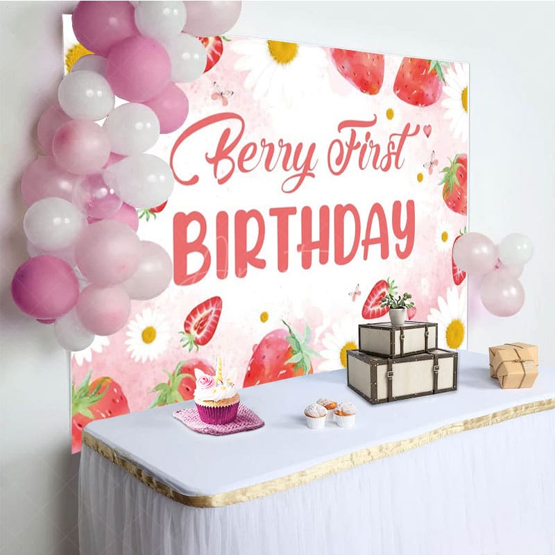 Aperturee - Aperturee Strawberry Girl First Sweet Birthday Party Backdrop