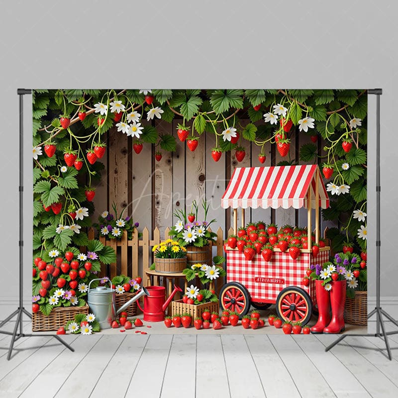 Aperturee - Aperturee Strawberry Orchard Cart Fence Photography Backdrop