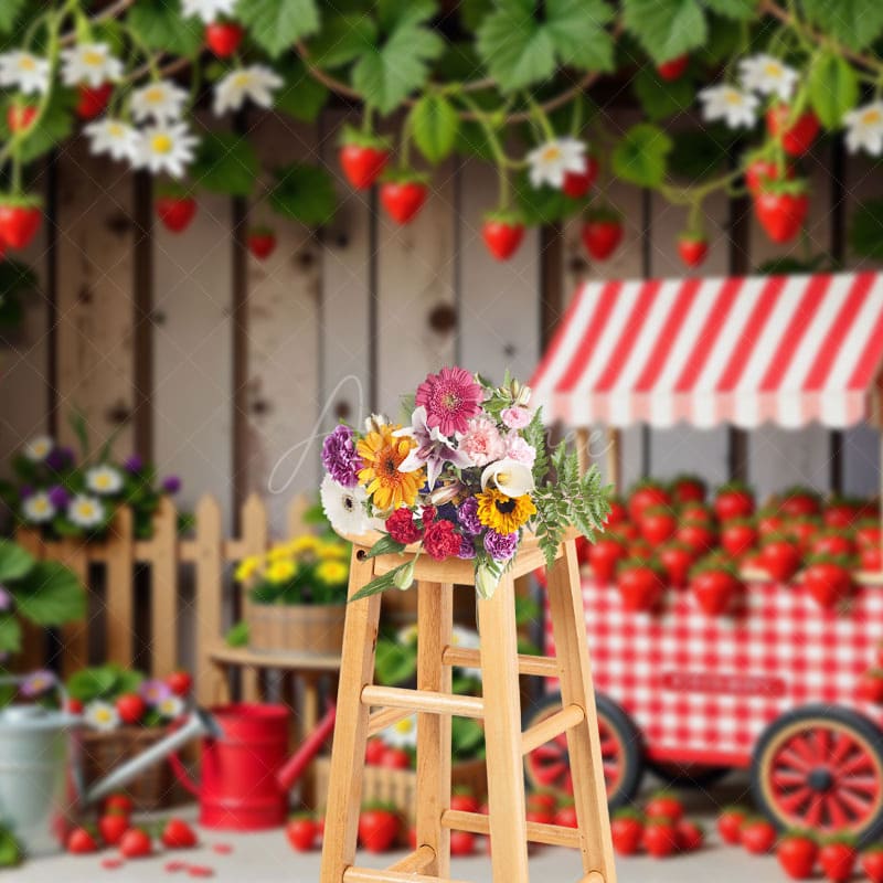 Aperturee - Aperturee Strawberry Orchard Cart Fence Photography Backdrop