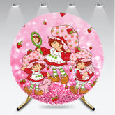Aperturee Aperturee Strawberry Shortcake Inspired Round Backdrop Vintage Cartoon Girl with Cat Pink Glitter Berry Cute Party Decor
