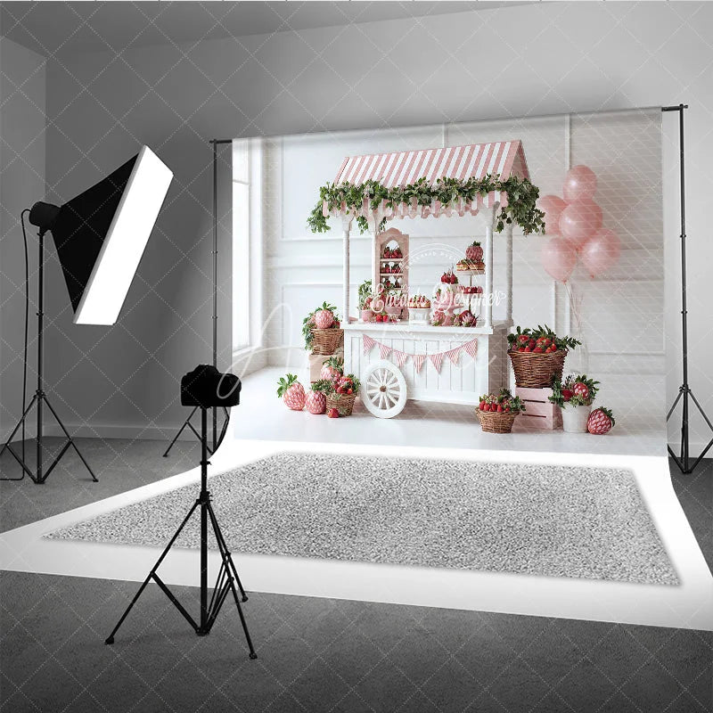 Aperturee - Aperturee Strawberry Themed Party Backdrop Sweet One Birthday Cart Pink Stripe Awning and Balloons Photo Booth Props