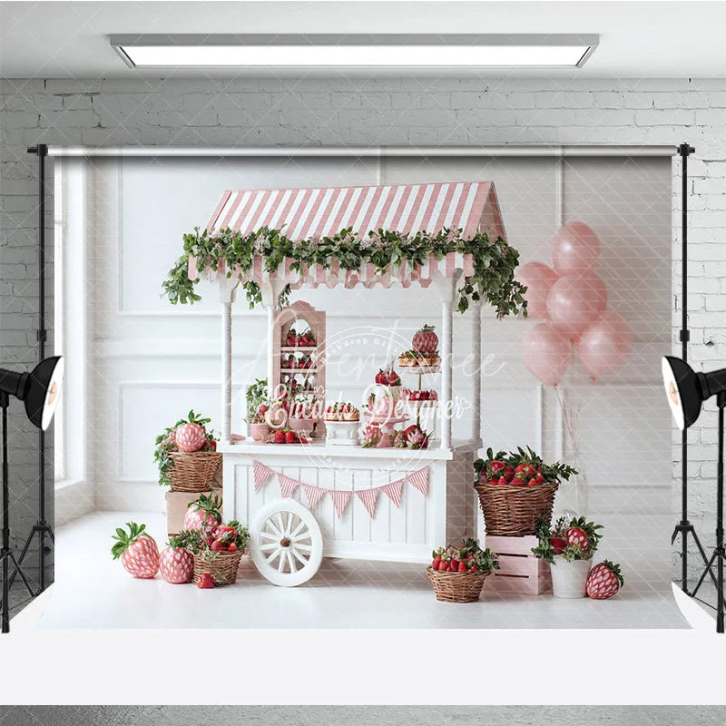 Aperturee - Aperturee Strawberry Themed Party Backdrop Sweet One Birthday Cart Pink Stripe Awning and Balloons Photo Booth Props