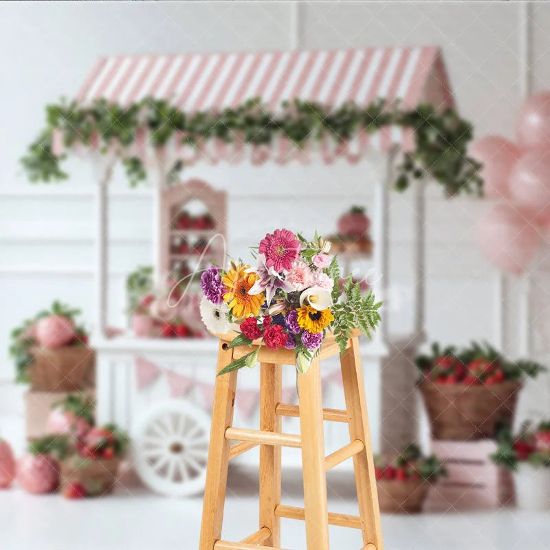 Aperturee - Aperturee Strawberry Themed Party Backdrop Sweet One Birthday Cart Pink Stripe Awning and Balloons Photo Booth Props