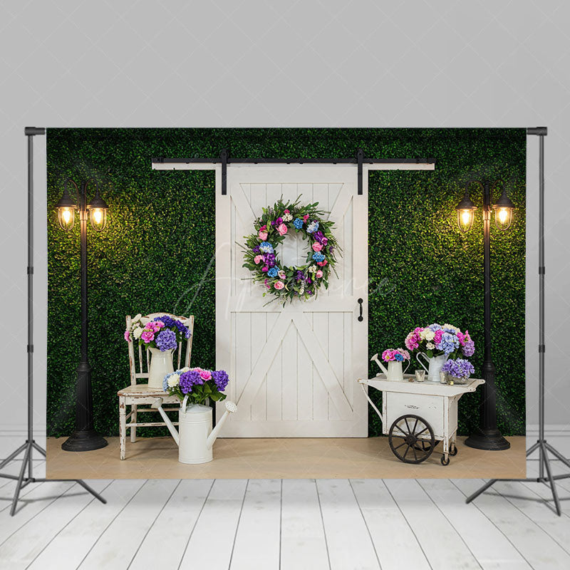 Aperturee - Aperturee Street Lamp Greenery Wall White Door Photo Backdrop