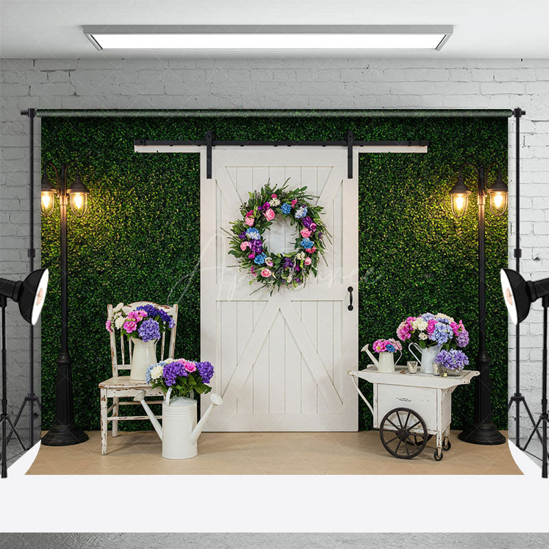 Aperturee - Aperturee Street Lamp Greenery Wall White Door Photo Backdrop