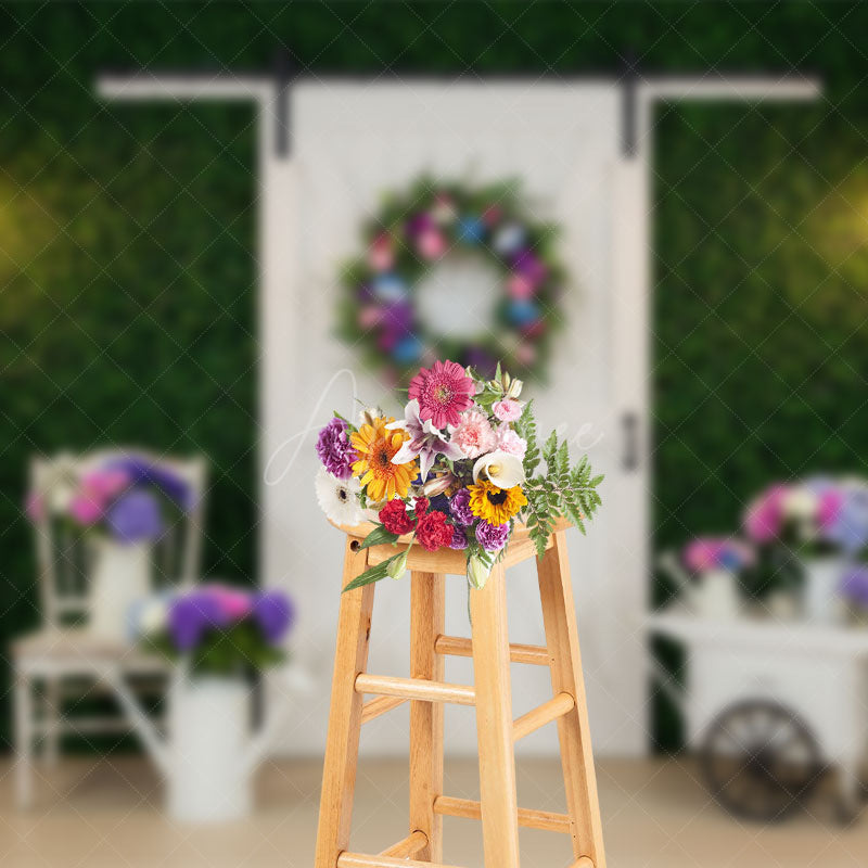 Aperturee - Aperturee Street Lamp Greenery Wall White Door Photo Backdrop