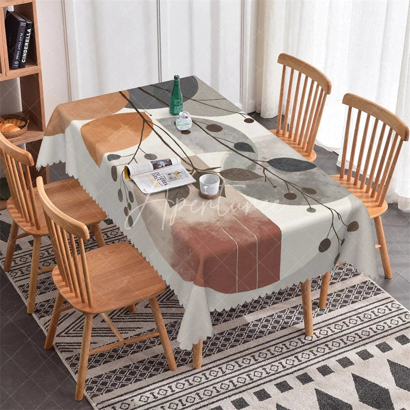 Aperturee - Aperturee Stylish Abstract Circles and Tree Branches Rectangle Tablecloth Modern Grey Brown Dining Table Decor