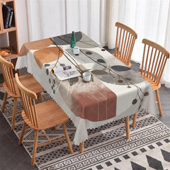 Aperturee - Aperturee Stylish Abstract Circles and Tree Branches Rectangle Tablecloth Modern Grey Brown Dining Table Decor