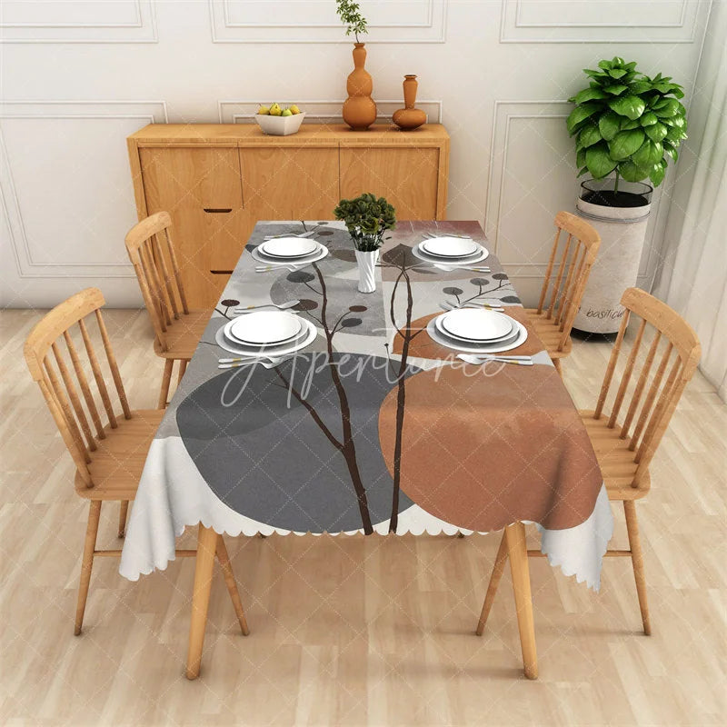 Aperturee - Aperturee Stylish Abstract Circles and Tree Branches Rectangle Tablecloth Modern Grey Brown Dining Table Decor