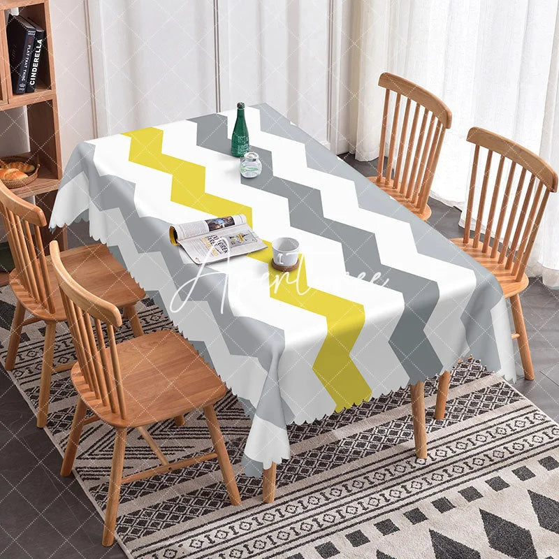 Aperturee - Aperturee Stylish Yellow Wavy Lines Tablecloth For Home Decor