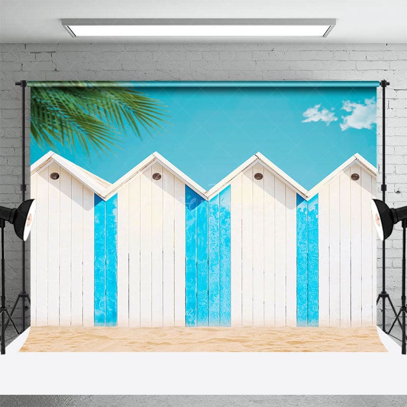 Aperturee - Aperturee Summer Beach Blue White Hut Palm Trees Photo Backdrop