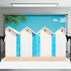 Aperturee - Aperturee Summer Beach Blue White Hut Palm Trees Photo Backdrop