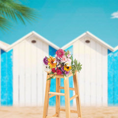 Aperturee - Aperturee Summer Beach Blue White Hut Palm Trees Photo Backdrop