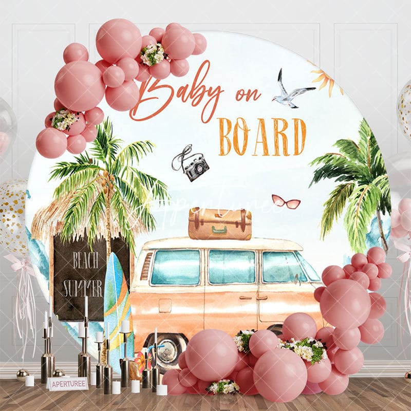 Aperturee - Aperturee Summer Beach Car Trees Baby On Board Round Backdrop