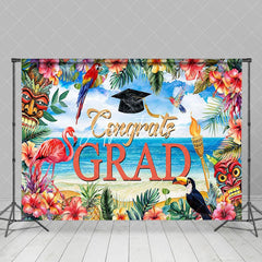 Aperturee - Aperturee Summer Beach Floral Flamingo Congrats Grad Backdrop