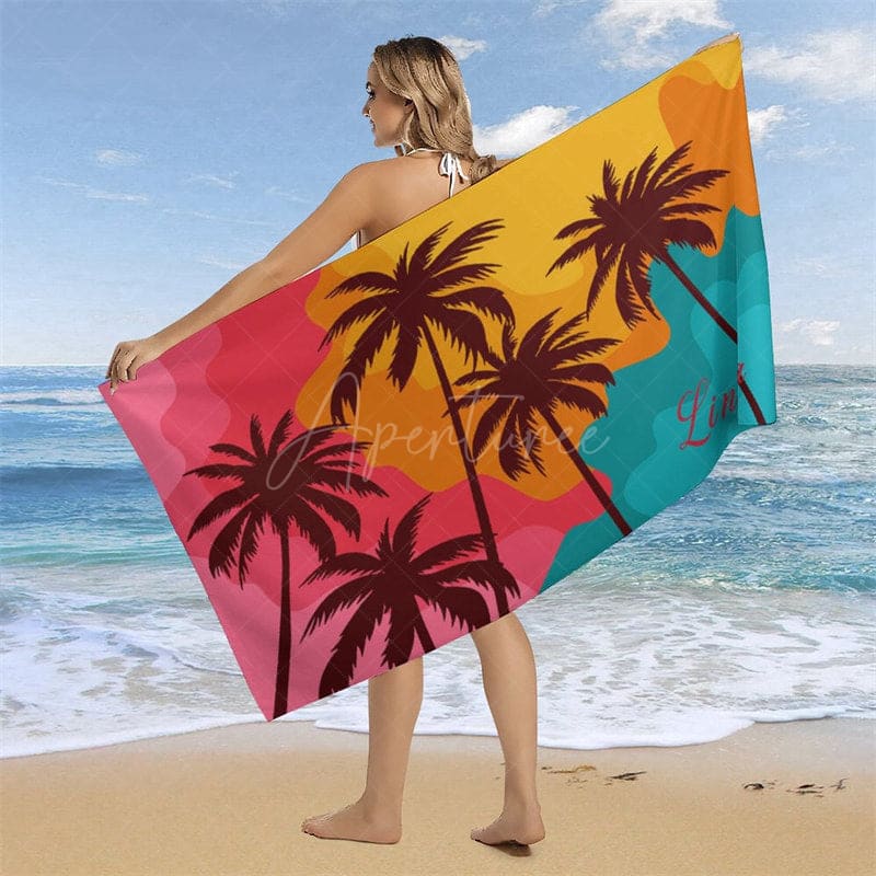 Aperturee - Aperturee Summer Beach Palm Trees Custom Name Beach Towel