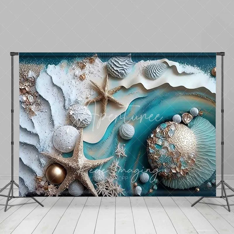 Aperturee - Aperturee Summer Beach Starfish and Seashell Backdrop Teal Ocean Waves Photography Background Party Event Decor