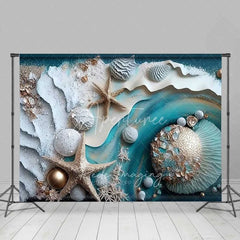 Aperturee - Aperturee Summer Beach Starfish and Seashell Backdrop Teal Ocean Waves Photography Background Party Event Decor