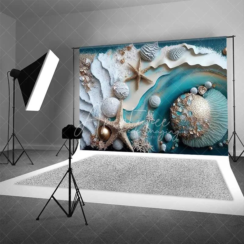 Aperturee - Aperturee Summer Beach Starfish and Seashell Backdrop Teal Ocean Waves Photography Background Party Event Decor