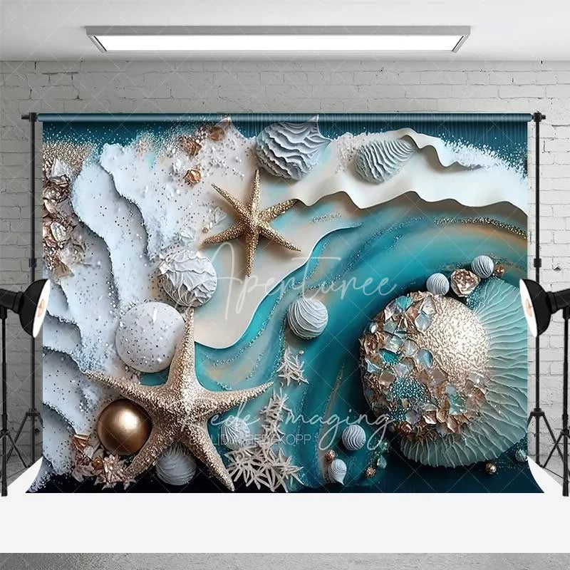 Aperturee - Aperturee Summer Beach Starfish and Seashell Backdrop Teal Ocean Waves Photography Background Party Event Decor