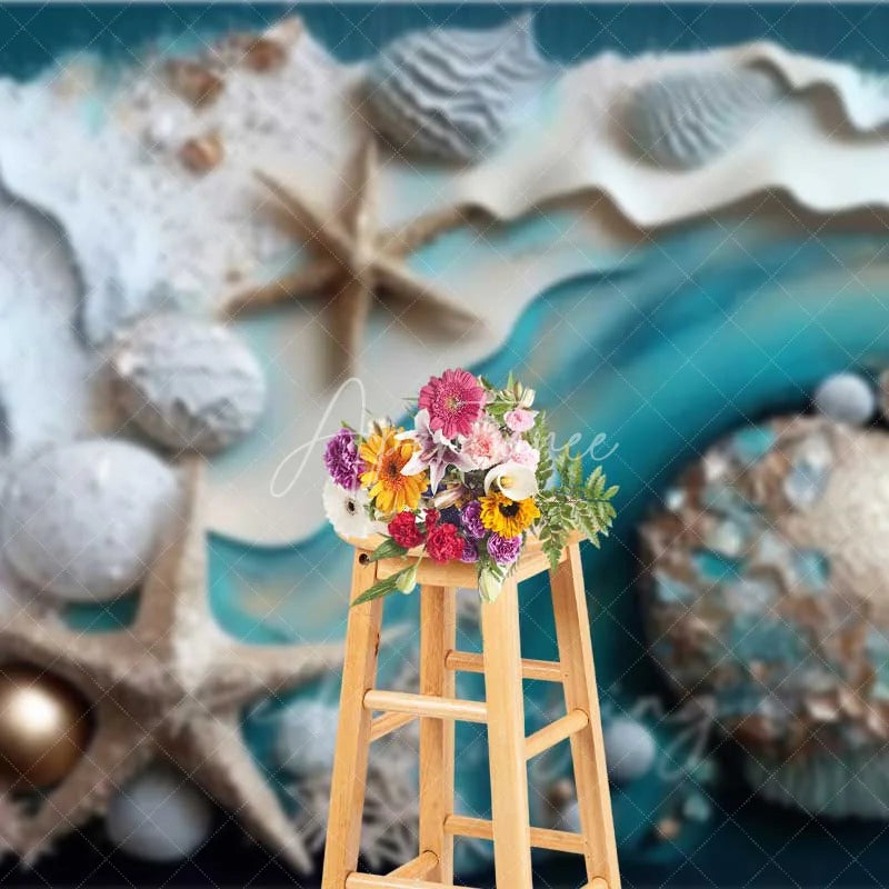 Aperturee - Aperturee Summer Beach Starfish and Seashell Backdrop Teal Ocean Waves Photography Background Party Event Decor