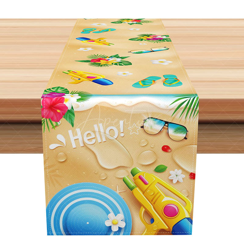 Aperturee - Aperturee Summer Beach Table Runner with Flip Flops and Flowers for Coastal and Tropical Vacation Home Decor