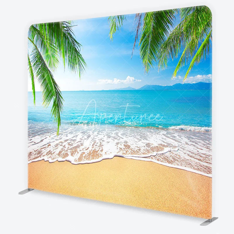 Aperturee - Aperturee Summer Beach Tension Fabric Backdrop Tropical Palm Trees Ocean Photography Background