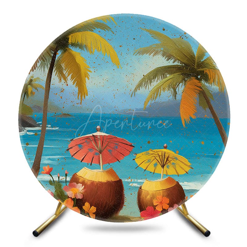 Aperturee - Aperturee Summer Beach Trees Coconut Umbrella Round Backdrop