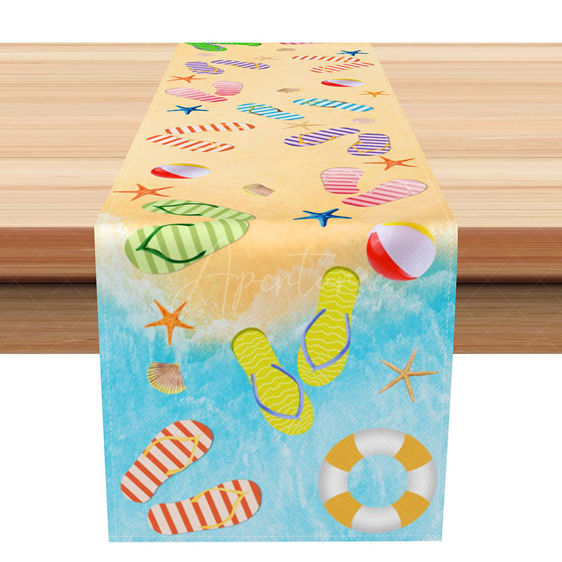 Aperturee - Aperturee Summer Beach Vacation Table Runner Flip Flops and Ocean Waves Design Tropical Coastal Kitchen or Party Decor