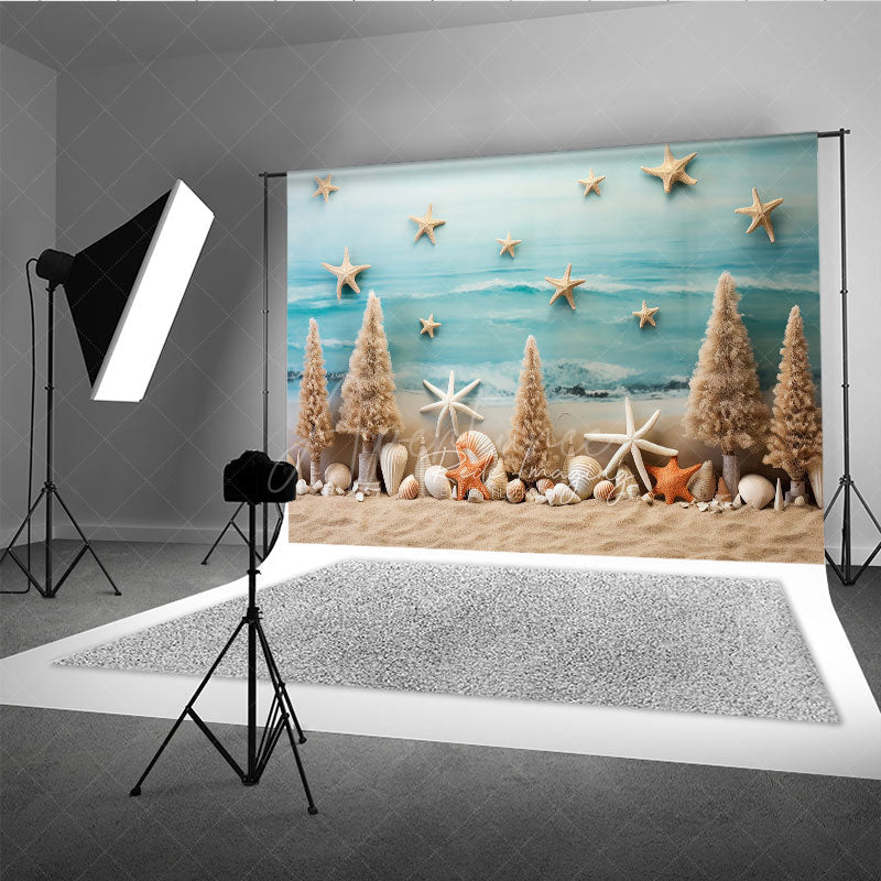 Aperturee Aperturee Summer Coastal Photography Backdrop Beach Sand with Starfish and Shells Tropical Ocean Themed Photo Prop Decor