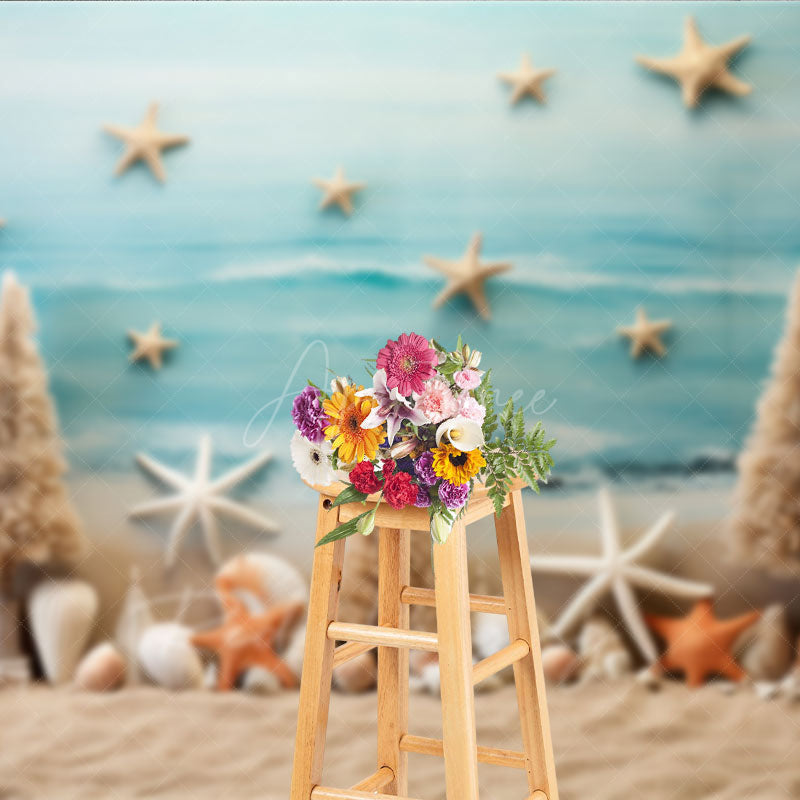Aperturee Aperturee Summer Coastal Photography Backdrop Beach Sand with Starfish and Shells Tropical Ocean Themed Photo Prop Decor