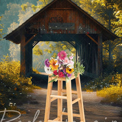 Aperturee - Aperturee Summer Covered Bridge Forest Scene Photo Backdrop