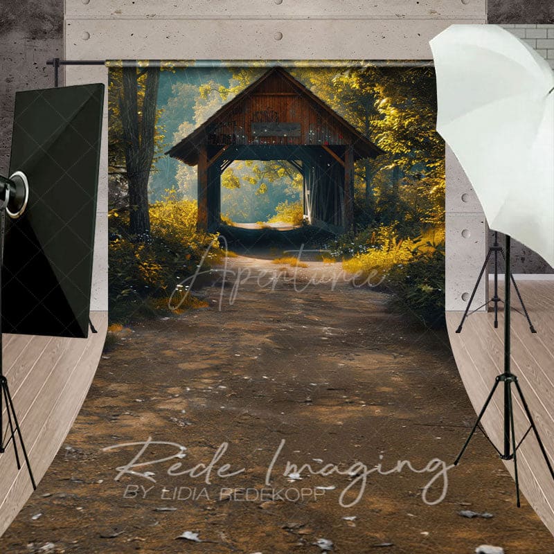 Aperturee - Aperturee Summer Covered Bridge Forest Scene Sweep Backdrop