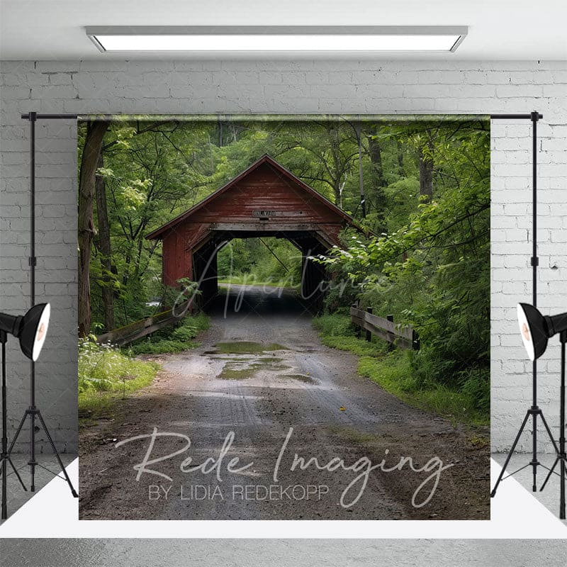 Aperturee - Aperturee Summer Covered Bridge Natural Forest Photo Backdrop