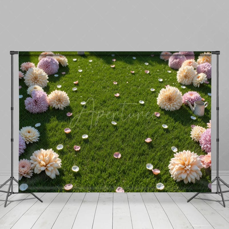 Aperturee - Aperturee Summer Dahlia Petal Green Grass Wedding Backdrop