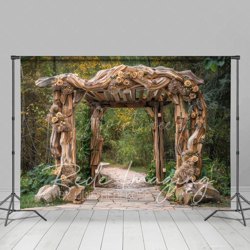 Aperturee - Aperturee Summer Floral Arch Pavilion Forest Path Photo Backdrop