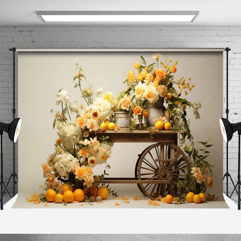 Aperturee - Aperturee Summer Floral Orange Wood Trolley Photography Backdrop