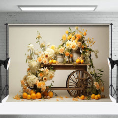Aperturee - Aperturee Summer Floral Orange Wood Trolley Photography Backdrop