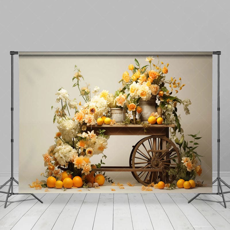 Aperturee - Aperturee Summer Floral Orange Wood Trolley Photography Backdrop