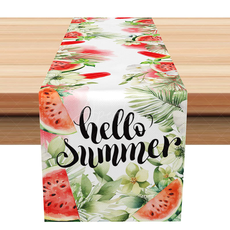 Aperturee - Aperturee Summer Floral Table Runner with Watermelon and Ice Lolly Print for Tropical Beach Party and Kitchen Decor