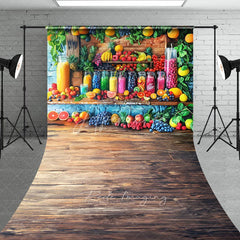 Aperturee - Aperturee Summer Fresh Fruit Juice Stand Backdrop Colorful Citrus Berries Rustic Wood Table Photography Background