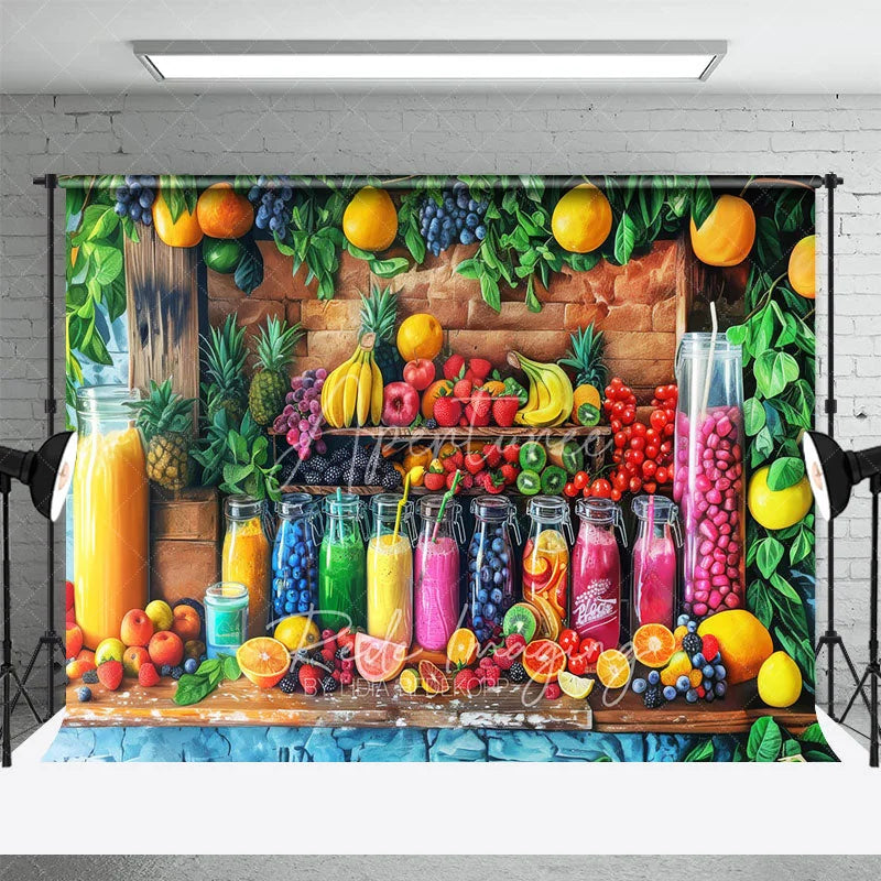 Aperturee - Aperturee Summer Fruit Stand Backdrop Colorful Juice Bottles and Fresh Berries Photography Background for Tropical Party