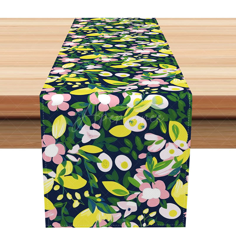 Aperturee - Aperturee Summer Fruit Table Runner with Abstract Lemon and Pink Floral Print for Kitchen and Outdoor Party Decor