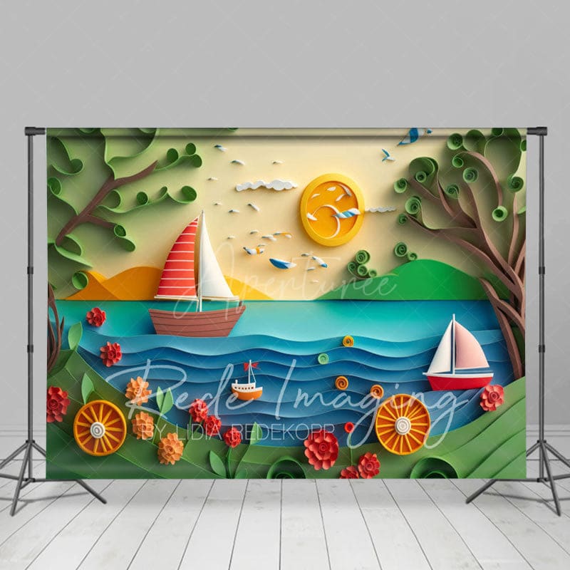 Aperturee - Aperturee Summer Fun Beach Trees Ship Cake Smash Photo Backdrop