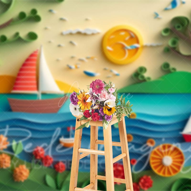 Aperturee - Aperturee Summer Fun Beach Trees Ship Cake Smash Photo Backdrop